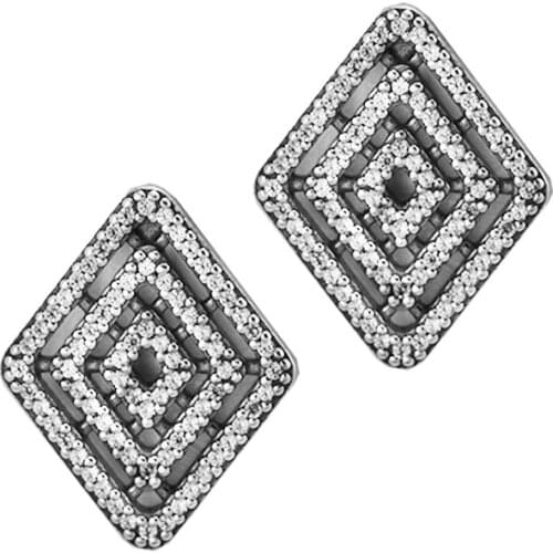 Authentic 925 Sterling Silver Clear CZ Geometric Lines Stud Earrings for Women Silver Woman Earring Jewelry Bijoux Brincos