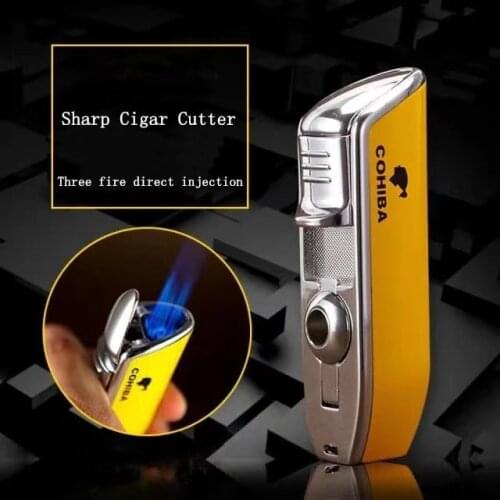 COHIBA Novel Metal Turbo Lighter with Cigar Cutter Butane Smoking Accessories 3 Jet Blue Torch Lighters Gas Portable Gadget