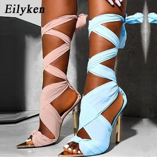 Eilyken 2021 New Womens shoes Cross strap Lace Sandals Sexy High heels Summer Ankle Strap Party Dress shoes Size 35-42