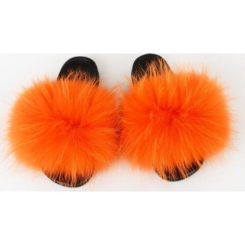 Summer Women‘s Real Raccoon Fur Slippers 2021 New Solid Color Plus Size Furry Cute Indoor Casual Non-Slip Flat Sandals TX47