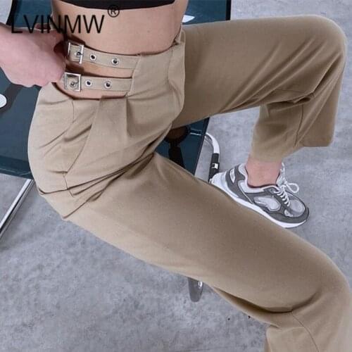 LVINMW Solid Slim Zipper Fly Hollow Out Waisted Straight Pants OL Fashion Designed With Pockets Women Trousers Decorative Belt