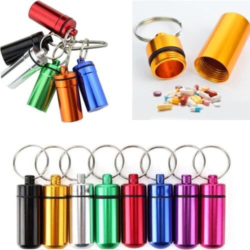 Mini Waterproof Aluminum Pill Container Cache Drug Box with Keychain for Camping Travel Portable Pill Capsule Outdoor Tool