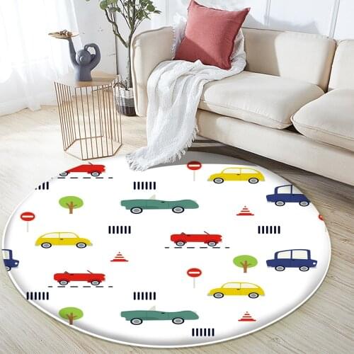 Fashion Simple Color Car Pattern Children Comfortable Round Carpet Non-Slip Children Flannel Carpet Baby Carpet Baby Play Mat