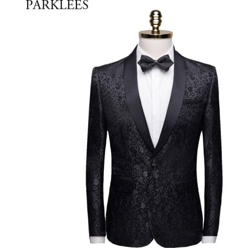 Black Floral Jacquard Men Blazer 2019 Brand New Slim Fit Shawl Collar Blazer Men Party Wedding Single Button Suit Jacket Men 4XL