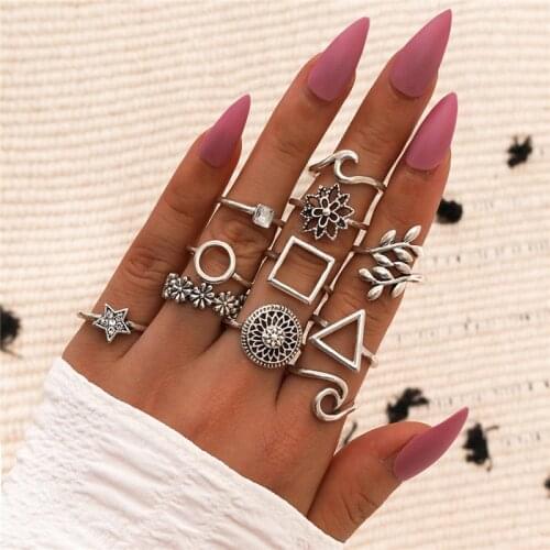 Modyle Bohemian Retro Hollow Flower Star Triangle Square Round Wedding Ring Set Women Vintage Anniversary Gift