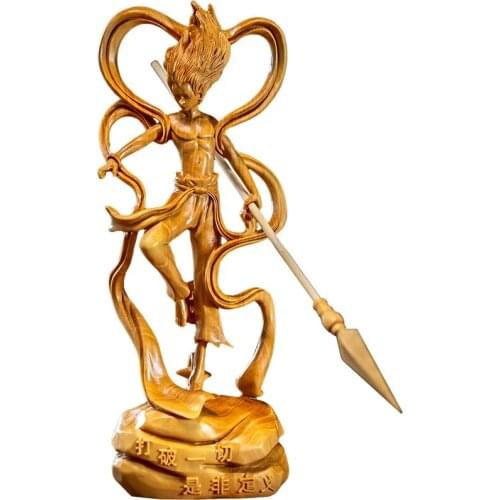 Nezha-escultura de personajes de dibujos animados para tallado de madera, escultura de Nezha, muebles de boj tallado, decoración