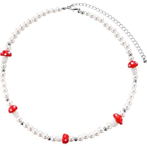 Red Mushroom Charm Imitation Pearls Beaded Necklace for Women Clavicle Chain Gold Silver Color Short Necklaces 2021 Fashion New
