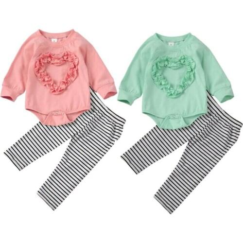 Baby Clothes 2PCS Newborn Infants Baby Girl Long Sleeve Ruffles Heart Bodysuit+ Striped Pants Leggins Outfits