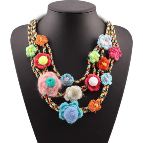 Florate New Colorful Cotton Flower Pendant Necklace for Women Bib Multi Layers Chain Handmade Ethnic Statement Necklace Jewelry