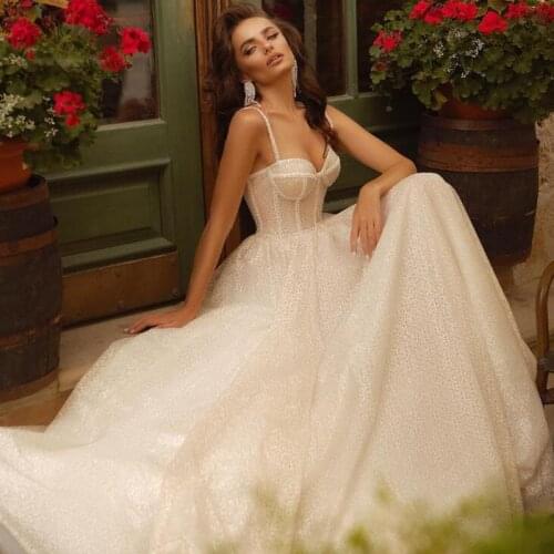 Eightree Sexy Boho Wedding Dresses 2021 Glitter Tulle A-Line Princess Wedding Gown Sleeveless Beadings Bridal Dress Custom Made