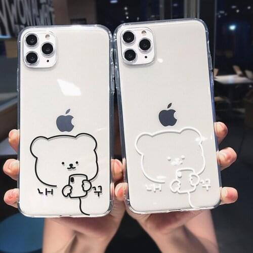 Cute Cartoon Bear Couple Clear Phone Case For iPhone 11 Pro Max X XS XR 12 Mini 7 8 plus Animal Transparent Soft TPU Back Cover
