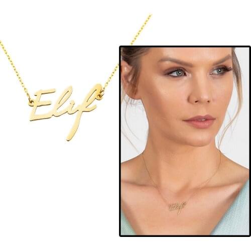 Tesbihane Horizontal Design Personalized Name Written Gold Color 925 Sterling Silver Lady Necklace