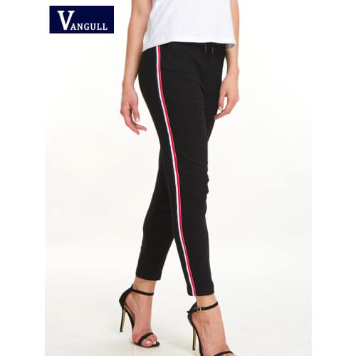 Vangull Striped Skinny High Waist Pants New Women Autumn New Drawstring Pockets Cotton Pencil Pants Black Casual Women Trousers