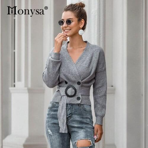 Women Sweaters And Pullovers 2020 Fashion Slim Waist Buttons Long Sleeve Pullover Women Knitted Sweater Gray Khaki White Black