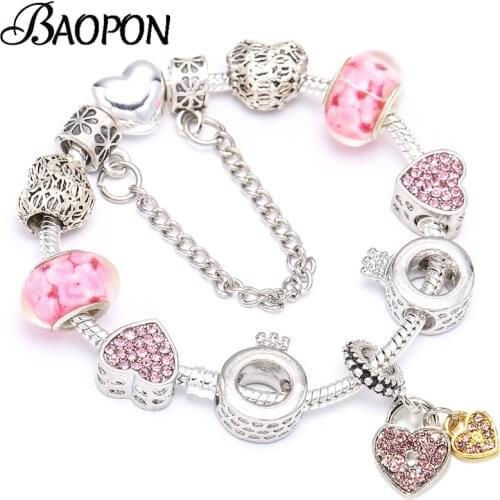 BAOPON Dropshipping Romantic Style Charm Bracelets For Women Pink Heart Beads Fit Fine Bracelet Valentines Day Jewelry Gift