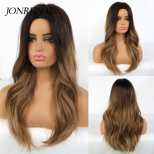 JONRENAU Women Synthetic Dark Root Ombre Brown Long Natural Wave Wig Middle Part Cosplay Party Wig for White/Black Women