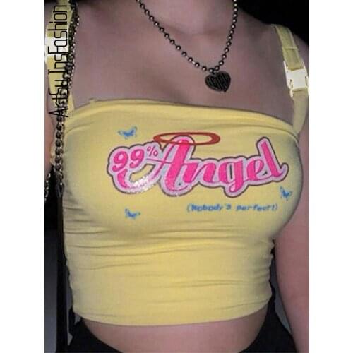 ArtSu Angel Letter Yellow Crop Top Sexy Cute Summer Underwear Women Tank Top Off Shoulder Cami Tops Vest Streetwear ASVE21081