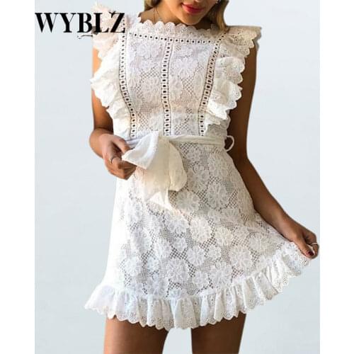 WYBLZ Women Summer Bohemian Beach Boho Dress Embroidery Lace White Dress Casual Sleeveless Mini Dress Ruffle Holiday Sundress