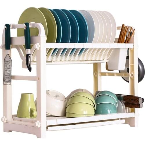 2 Tier Plastic Kitchen Dish Bowl Plates Drainer Stand Rack Chopsticks Cutlery Utensil Holder Dryer Draining Rack Shelf DQ1301