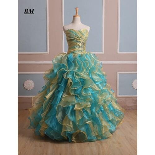 2019 Stock Blue Gold Quinceanera Dresses Ball Gown Beaded Sweet 16 Dresses Formal Prom Party Gown Vestido De 15 Anos BM61