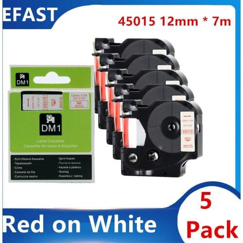 5 Pack 12mm*7m Compatible Dymo Tape D1 Label Tape Red on White 45015 for Dymo Label Printer Ribbon Typewriter LabelManger 300