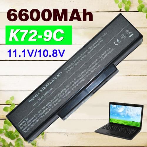 11.1v 9 Cells 6600mAh Laptop Battery for ASUS A32-K72 A72 A72D A72DR A72F A72J A72JK A72JR A32-N71 K72 K72D 70-NX01B1000Z