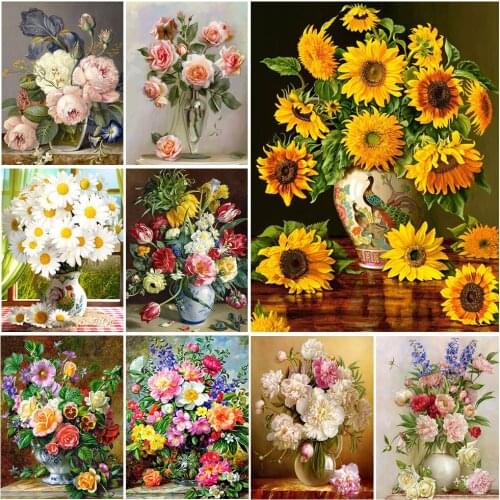 5D DIY Diamond Painting Rose Flower Vase Cross Stitch Kits Diamond Embroidery Floral Mosaic Diamond Art Sunflower Home Decor