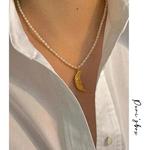 PerisBox Natural Freshwater Pearls Chain Crescent Moon Pendant Necklaces Charms Cute Trendy Elegant Bohemian Necklaces 2021 Hot