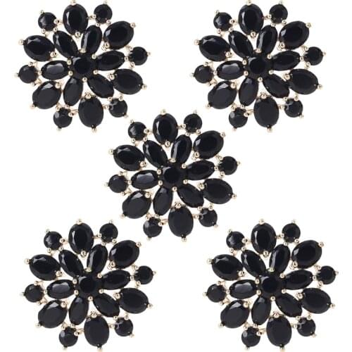 5Pcs 21mm Black Rhinestone Flower Shaped Buttons with Metal Loop Jewelry Embellishments for DIY Crafts Garment Accessory