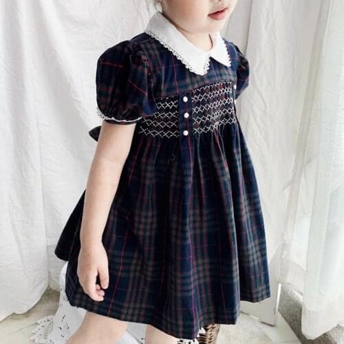 Baby giel summer vintage Spanish plaid smocking dress kids casual puff sleeve birthday party princess dress
