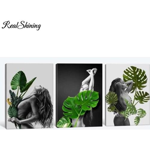 DIY 5D Diamond Painting 3 pcs"Sexy Lady"Cross Stitch embroidery Green Leaves Mosaic picture of Rhinestone,wall stickers FS6915