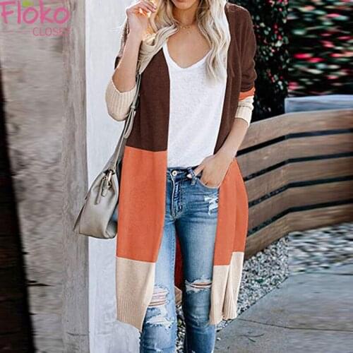 Flokocloset Autumn Contrast Color Long Knitted Cardigan Sweater Casual Rainbow Stripe Stitching Open Stitch Coat Jumpers