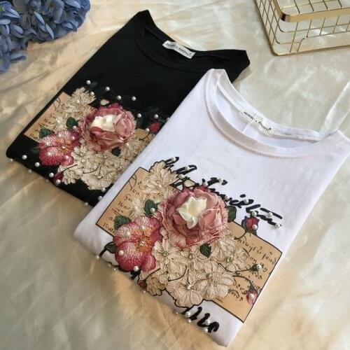 Pearl Appliques 3D Beading Women T Shirts Cotton O Neck Short Sleeve Female Casual Shirt Summer Fashion Ladies Tops