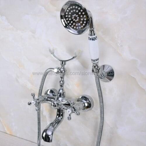 Chrome Polished Wall Mounted Bathtub Mixer Faucet Double Handle Tub Water Taps With Ceramic Handshower Kna228