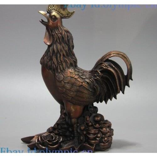 12" China bronze sculpture carved Sycee Yuan Bao flower Feng Shui Rooster Statue