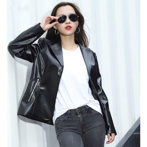 2021 Spring Autumn New Zipper Leather Jacket Women Long Sleeve Suit Collar PU Leather Jackets Outwear Large Size 4XL Coat Female