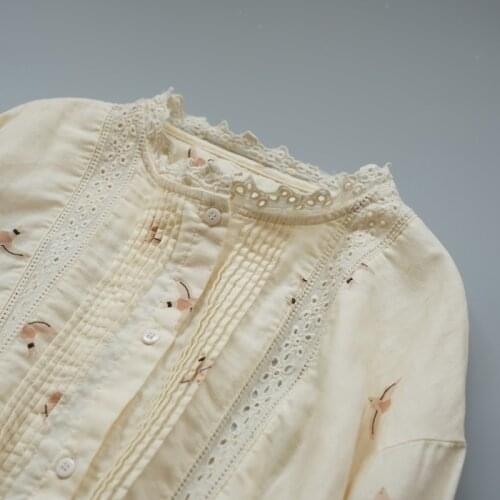 Lamtrip Unique Retro Ruffled Collar Pleated Birds Print Mori Girl Long Sleeve Shirt Blouse