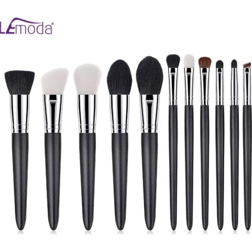 Lemoda Makeup Brushes Set 11Pcs Black Flashing Handle Natural Goat Hair Brush Foundation Powder Contour Eyeshadow Makeup Brush
