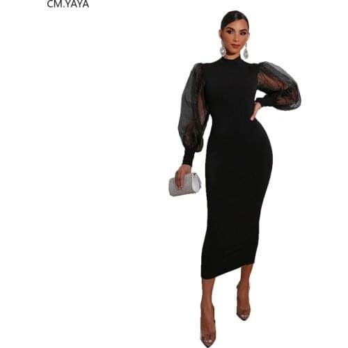 2020 Women Summer Midi Dress Mesh Patchwork Full Sleeve High Waist Sexy Party Night Club Street Bandage Dresses Vestidos GL211