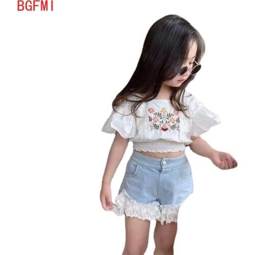 Summer Girls Blouse Baby Shirt Kids Crop Top Children Fashion Clothes Embroidery Floral Elastic Waist Flying Sleeve 2 To 7 Yrs
