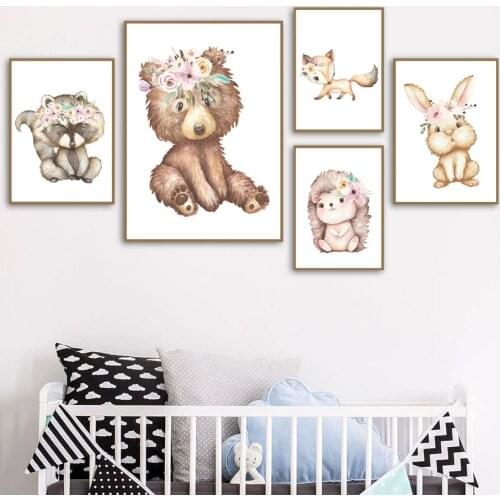 Cute Bear Rabbit Fox Hedgehog Raccoon Nursery Wall Art Canvas Painting Posters And Prints Wall Pictures Baby Girl Boy Room Decor