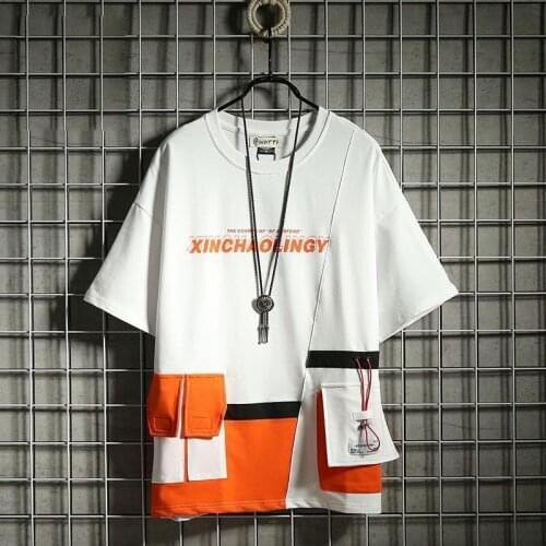 Fashion Summer Mens Printed Hip Hop T-shirt Patchwork Multi-Pockets Loose Fit Half Sleeve BF T Shirt Teen For Male