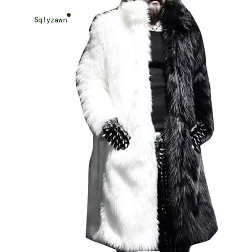 Mens Winter Faux Fur Jacket Black Gown White Long Windbreaker Thick Warm Fashion Man Faux Fur Coat Chaqueta De Cuero Masculina