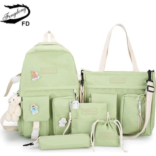 Fengdong 6pcs/set school bags for girls pencil bag set cute bear plush doll children school backpack set student shoulder bag