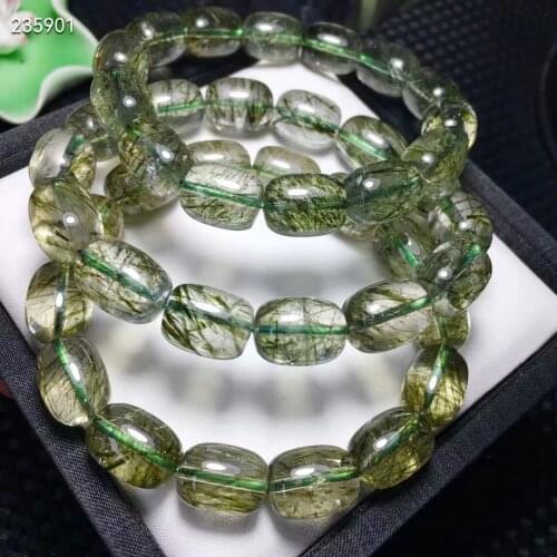 Genuine Natural Green Rutilated Tourmilated Quartz Bracelet Clear Barrel Beads 11-12mm Women Men Best Rutilated AAAAA