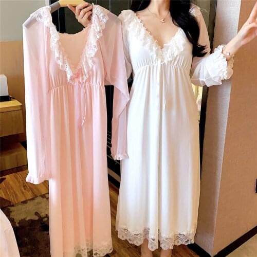 2021 Women Spring Long Sleeve Lace V Neck Solid Cotton Midi Nightdress Casual Loose Ladies Nightgown Home Clothes Sexy Nightwear