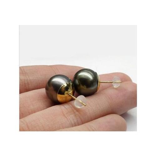 Free shipping Lustrous 10-11MM Round Genuine Tahitian Black Pearl Stud Earrings 14 Yellow Gold