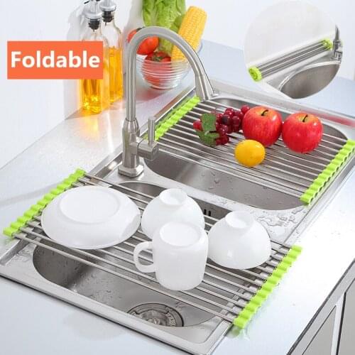Folding Dish Drying Racks Over Sink Sponge Holder Stainless Steel Tableware Vegetable Dish Drying Storage Shelf Kitchen Drainer