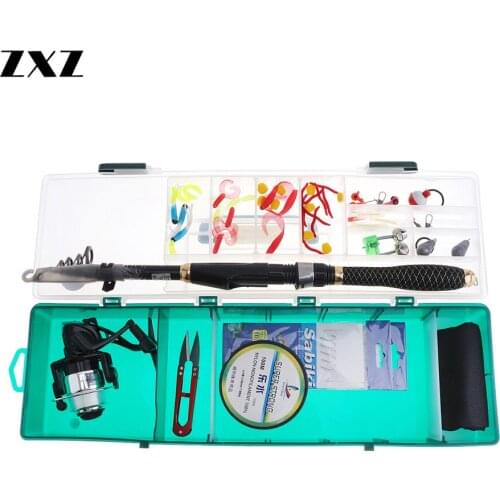Telescopic 1.8m Fishing Rods Reel Combo Full Kit Fiberglass Reel Lure Spinning Rod Set Box Lures Hooks Reel Gear Organizer 56pcs