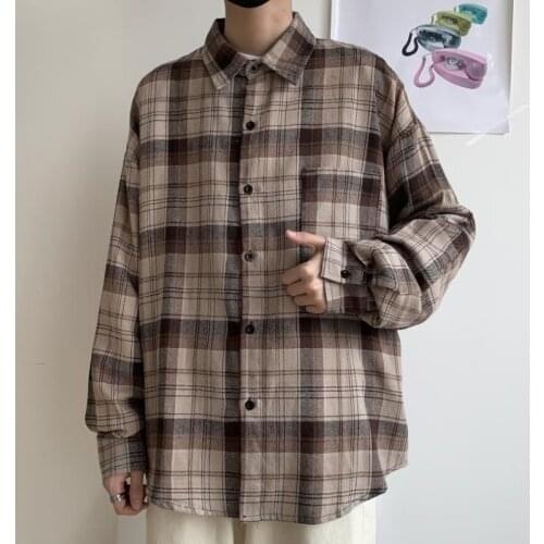 Spring Cotton Plaid Shirt Mens Fashion Retro Brown Casual Shirt Men Streetwear Wild Loose Long-sleeved Shirts Mens M-XL